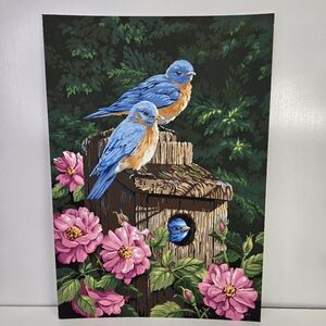 Garden Bluebirds Paint By Numbers Finished Acrylic Painting 14×20 Nature Roses